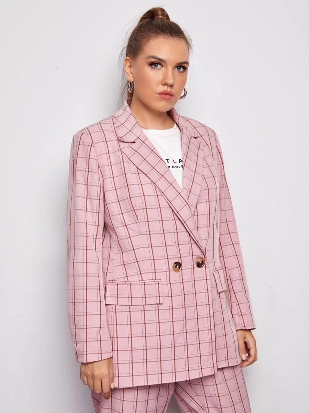 SHEIN Pink Plaid Double-Breasted Blazer